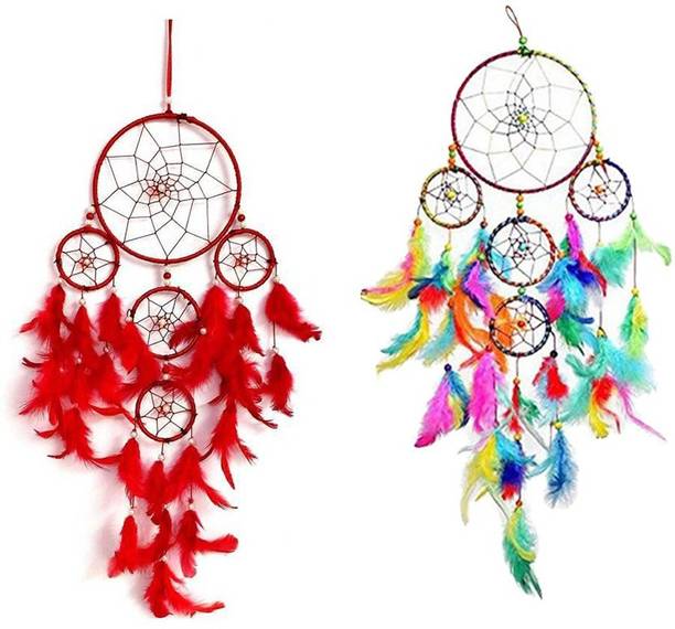 Ryme Pack Of (2) 5 Ring Red & 5 Ring Multi Dream Catcher Feather Dream Catcher