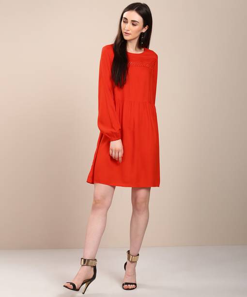 Women Shift Red Above Knee/Mid Thigh Length Dress