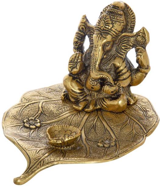 INTERNATIONAL GIFT Gold Plated Leaf Ganesh with Diya God Idol with Beautiful Velvet Box Packing Religious Tile