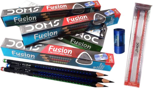 DOMS Majestic Basket Fusion X-TRA Super Dark Pencils Pack of 5 box [50 Pencils, 5 Non Dust Eraser Plus Sharpener & 5 scale 15 cm length] Pencil