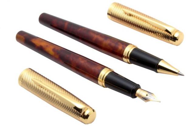 Ledos Set of 2 Stylish 8051 Miracle Marbled Fountain &amp; Roller ball Pens Metal Body Red Pen Gift Set