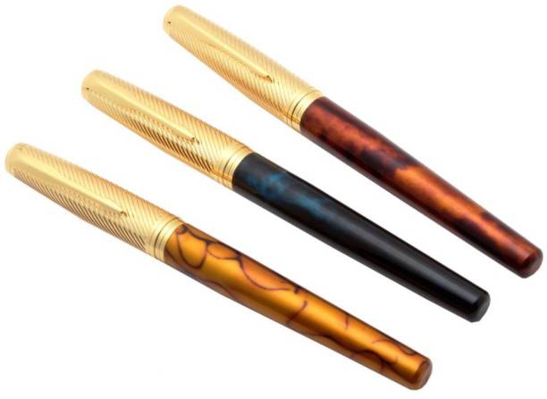 Ledos Set Of 3 Stylish 8051 Miracle Marbled Fountain Pens Metal Body With Converter Pen Gift Set