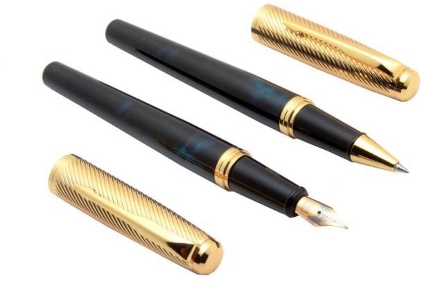 Ledos Set of 2 Stylish 8051 Miracle Marbled Fountain &amp; Roller ball Pens Metal Body Marine Blue Pen Gift Set