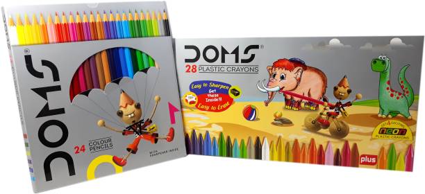 DOMS Majestic Basket 24 Shade of Colour Pencils Alongwith 28 Plastic Crayons - [Easy to Erase & Sharpen] Hexagonal Shaped Color Pencils