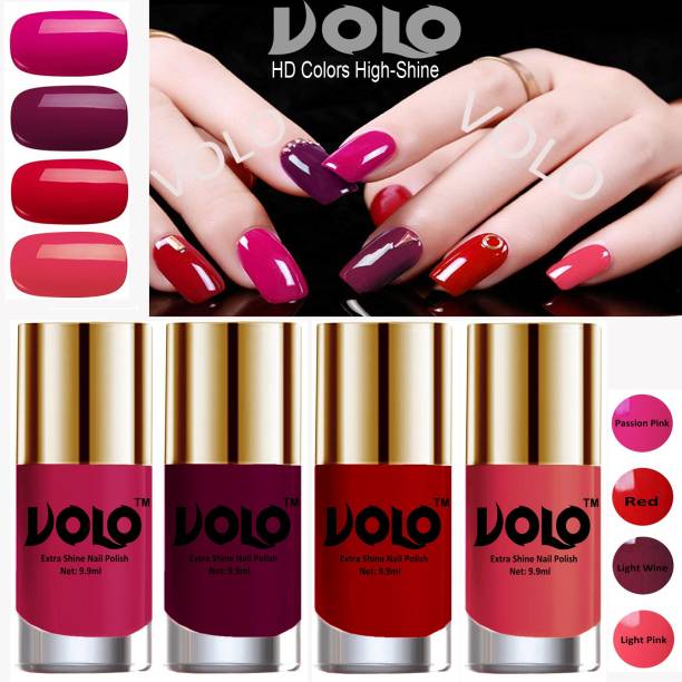 Volo HD Colors High-Shine Long Lasting Non Toxic Professional Nail Polish Set of 4 Combo No-3 Light Wine, Red, Passion Pink, Light Pink
