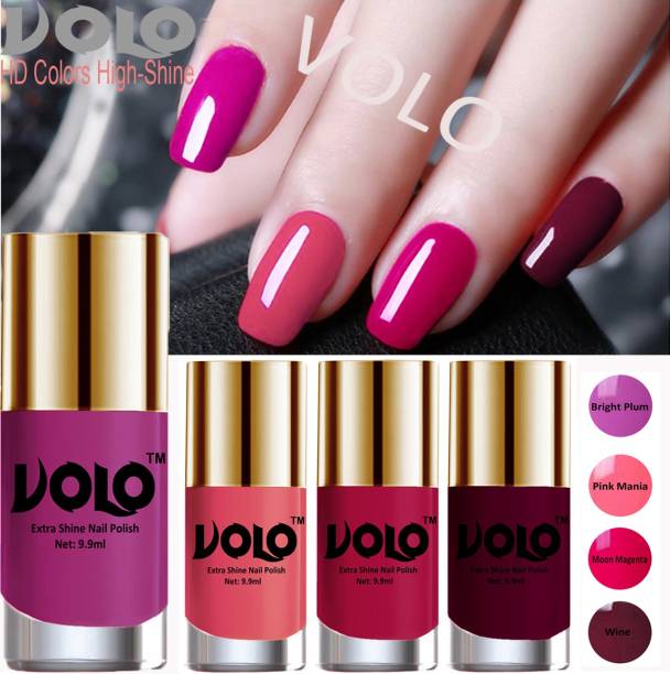 Volo HD Colors High-Shine Long Lasting Non Toxic Professional Nail Polish Set of 4 Combo No-1 Bright Plum, Moon Magenta, Wine, Pink Mania