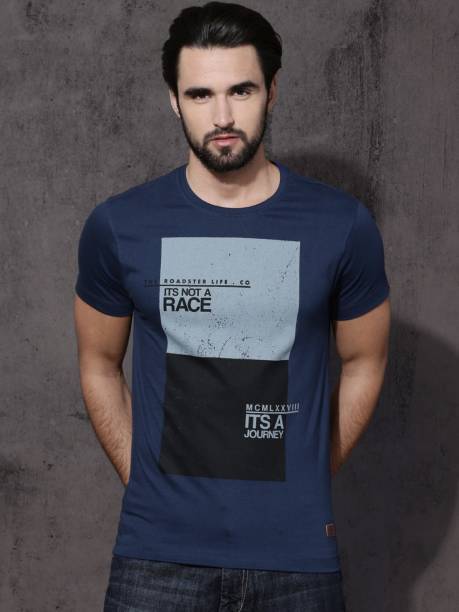 Men Printed Round Neck Pure Cotton Dark Blue T-Shirt Price in India