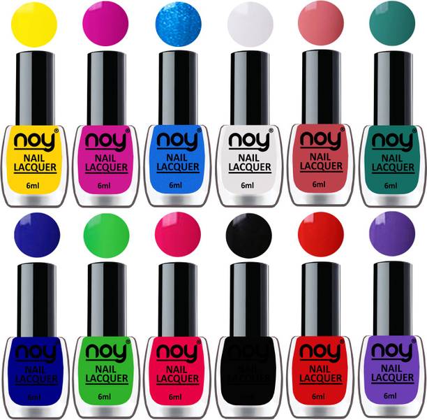नॉय 60 Seconds Quick Dry Shiny Nail Polishes Combo of 12 Pcs 6ml each Combo-No-04 येल्लो,प्लम,स्काइ ब्लू, व्हाइट ,पीच,रेडियम ग्रीन,ब्लू,ग्रीन,कॅरोट पिंक, ब्लैक,ऑरेंज रेड,पर्पल