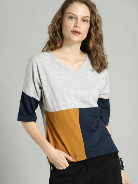 Roadster Women Colorblock Round Neck Cotton Blend Grey T-Shirt