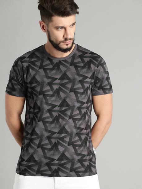Men Printed Round Neck Pure Cotton Grey T-Shirt
