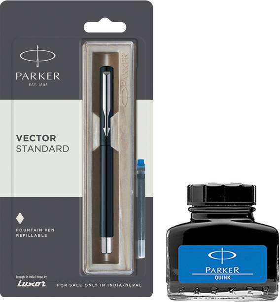 PARKER Vector Standard CT Fountain Pen - Black with Blue Quink Ink Bottle