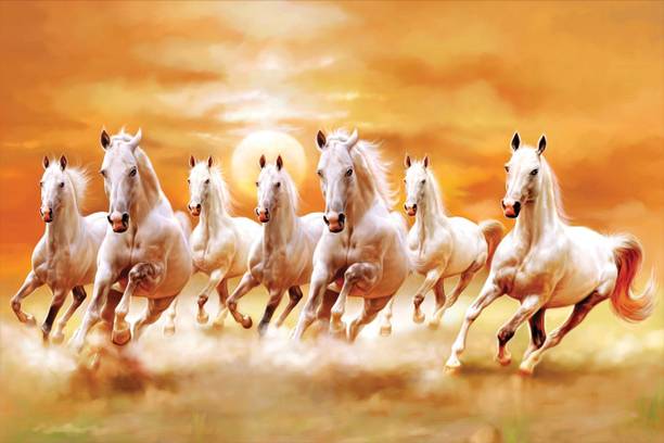 ''vastu Poster'' White 7 Horse vastu Painting, Wall Sticker, Wall Painting, Washable Vinyl Sticker Poster, Natural Sticker, Home Decor, Office Decor Photo, Wallpaper Paper Print (12 inch X 18 inch, rolled) Fine Art Print
