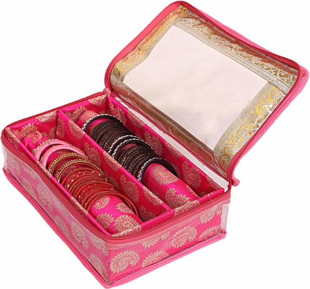 KUBER INDUSTRIES Carry Design Brocade Hardboard Two Rod Bangle Box (Pink) -CTKTC38789 Bangle Box Vanity Box