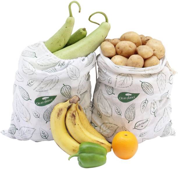 Clean Planet Clean Planet Eco Veggie (Leafy Print)- Reusable Fridge Bags for Vegetables and Fruits ( Set of Two) Pack of 2 Grocery Bags