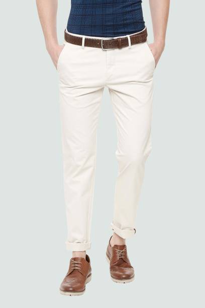Men Slim Fit White Cotton Blend Trousers