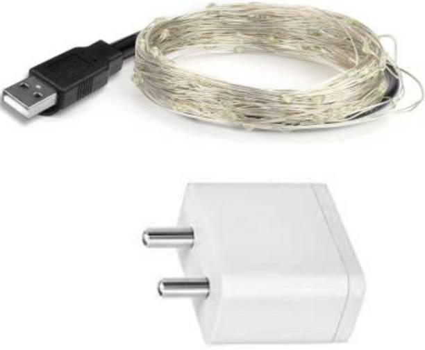 MANSAA® Copper String LED Lights Combo, 1 Cool White Light, 1 USB Adaptor, 5 MTR 50 LED 100 LEDs 5 m Silver, White Steady String Rice Lights