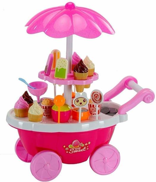 Authfort Ice Cream set toy, Kitchen Play Cart Kitchen Set Toy with Lights and Music, Small sweet shop toy for kids