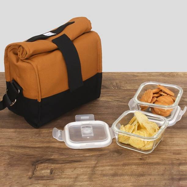 Femora Borosilicate Glass Square Container Camel Black Lunch Box- 300 ML, Set of 2 2 Containers Lunch Box