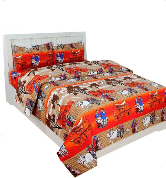 Mashiva Cotton Double Flat 144 TC Printed 1 Bedsheet with 2 Pillow Covers