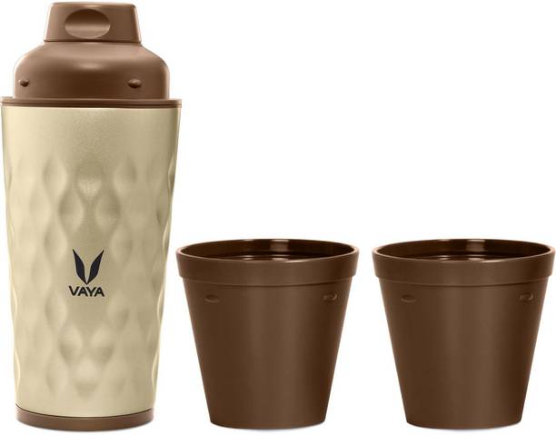 Vaya Drynk Gold Insulated Stainless Steel Thermos Flask with Gulper Lid & 2 Cups - 350 ml Flask