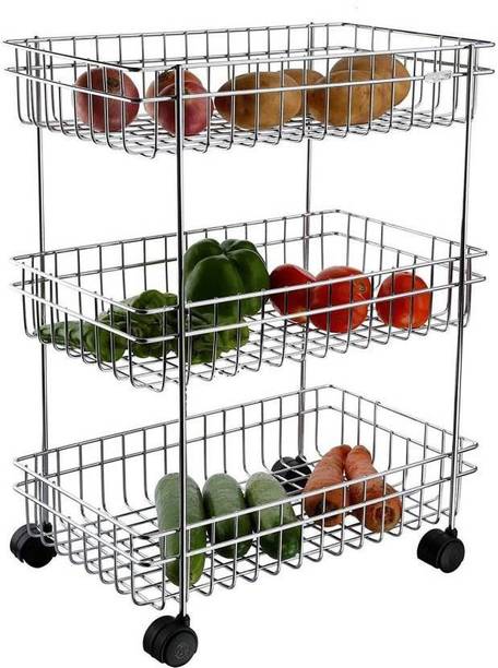 N H Enterprise Unique Design Onion Potato Stand for Kitchen Fruit Vegetable Stand Storage Trolley Steel Stainless Steel Kitchen Trolley