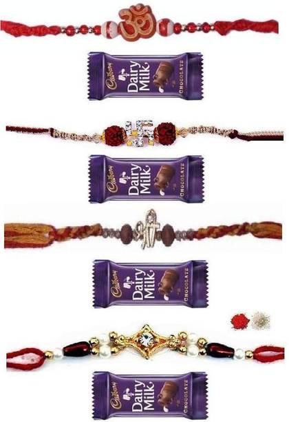 Indigo Creatives Single Diamond, Rudraksh Four 4 Rakhi family rakshabandhan combo Set with 4 chocolate for Brother Silk Gift Box