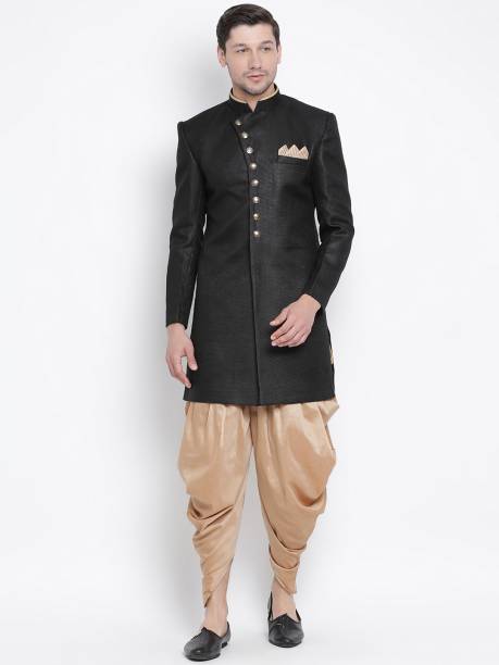 VM VM by Vastramay Men's Black Polyester Lurex Blend Sherwani Set Solid Sherwani