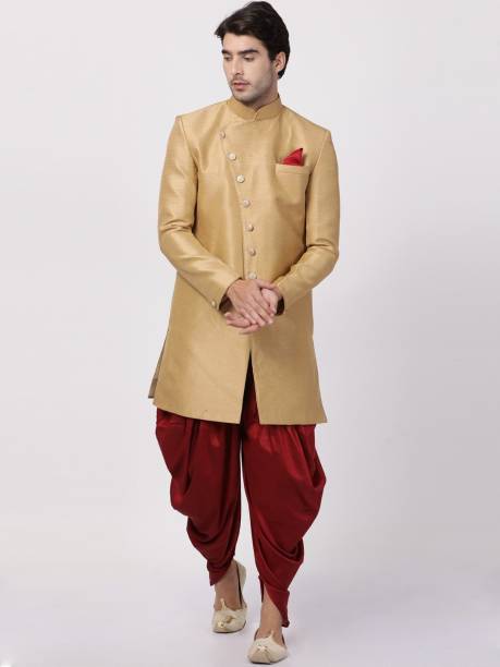 VM VM by Vastramay Men's Beige Silk Blend Sherwani Set Solid Sherwani