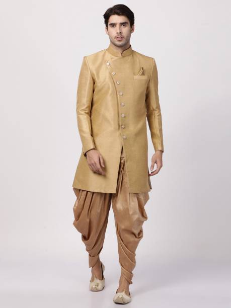 VM VM by Vastramay Men's Beige Silk Blend Sherwani Only Top Solid Sherwani