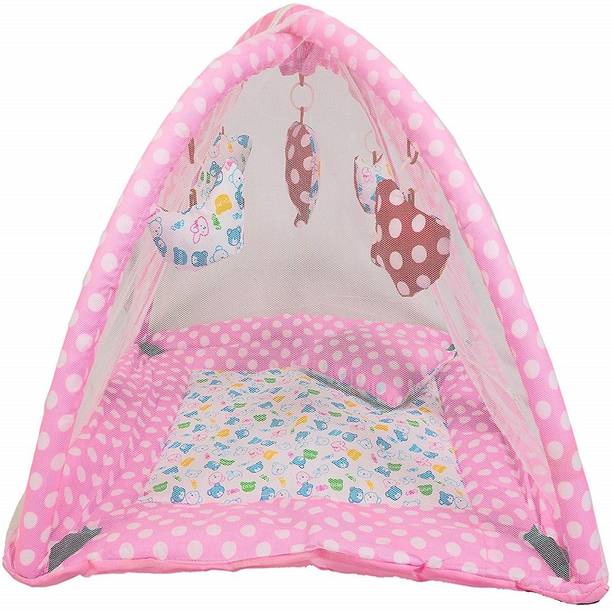 moms angel Polyester Infants Washable Baby Kick and Play Gym Mattress with Mosquito Net and Bedding Set (Pink Dot, 0-10 Months) Mosquito Net