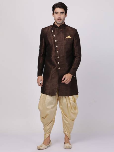 VM VM by Vastramay Men's Brown Silk Blend Sherwani Set Solid Sherwani