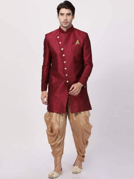 VM VM by Vastramay Men's Maroon Silk Blend Sherwani Set Solid Sherwani
