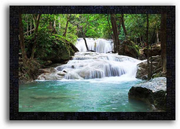 पोस्टर न फ्रेम्स UV Textured Decorative Art Print of nature landscape scenery waterfall painting on paper with wooden synthetic frame डिजिटल रीप्रिंट 14 inch x 20 inch पेंटिंग
