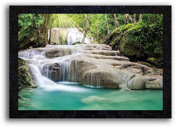 पोस्टर न फ्रेम्स UV Textured Decorative Art Print of nature landscape scenery waterfall painting on paper with wooden synthetic frame डिजिटल रीप्रिंट 14 inch x 20 inch पेंटिंग