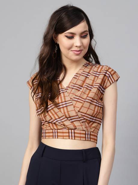 Casual Cap Sleeves Checkered Women Brown Top