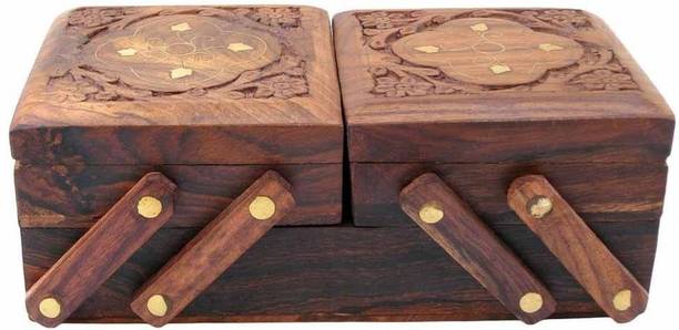 WOODINO Sheesham Wooden Brass Handmade Vanity Jewellery Box 8x4 Inch Makeup and Jewellery Vanity Box