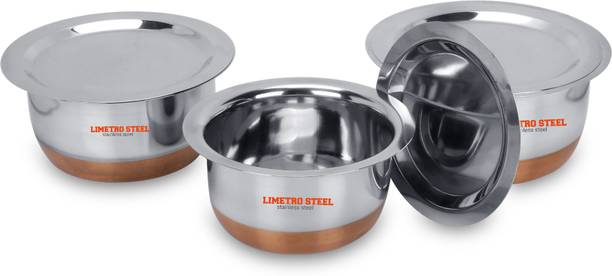 LIMETRO STEEL Stainless steel Copper Base Set of 3 Heavy Gauge Mirror Polish Tope Set(800ml, 1000ml, 1250ml) Tope Set with Lid 0.8 L, 1 L, 1.25 L capacity 20 cm diameter
