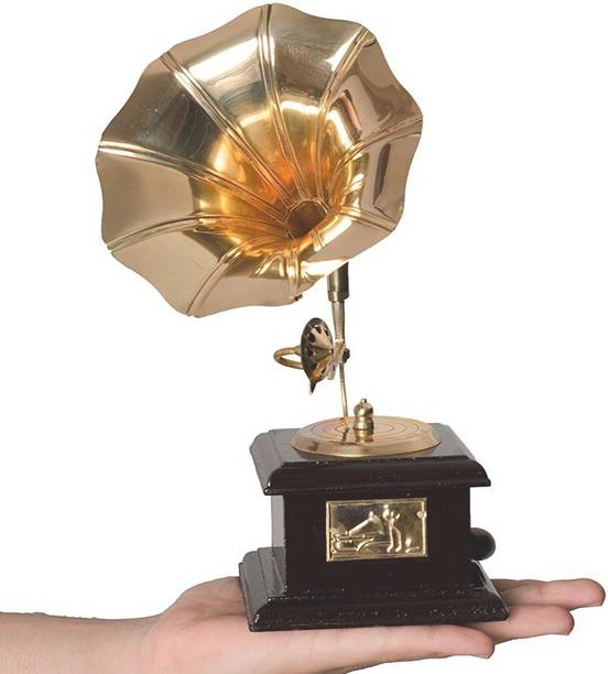 Doon Furniture House Antique Square Brass, Wooden Gramophone Brass,Brass Gramophone Showpiece, Decorative Showpiece  -  24 cm
