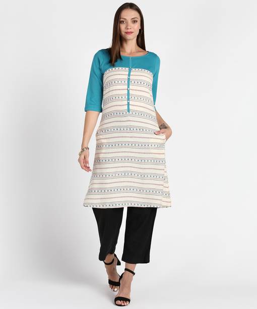 Women Printed, Striped Viscose Rayon Straight Kurta