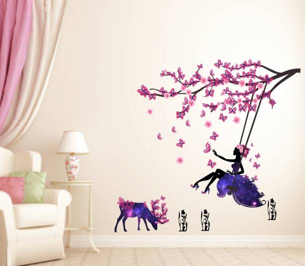 Decal O Decal ' Angel on Swing with Little Deer and Butterfly' Wall Stickers (PVC Vinyl,Multicolour) Large Wall Sticker
