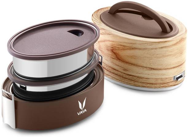 Vaya Tyffyn Lyte - 600 ml (Two 300 ml Containers) - Maple Tiffin Box without Bagmat - Polished Stainless Steel - 2 Containers Stainless Steel Office Lunch Box