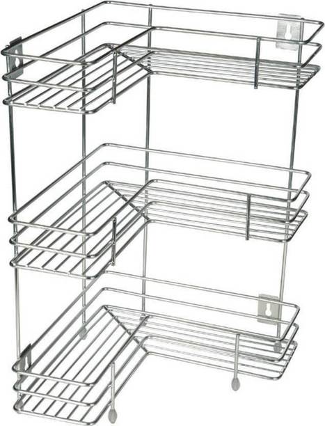 N H Enterprise Containers Kitchen Rack Plastic NEW 3 Layer L-Shape kitchen And Bathroom Rack Steel Kitchen Rack (Silver) (Size - Medium)