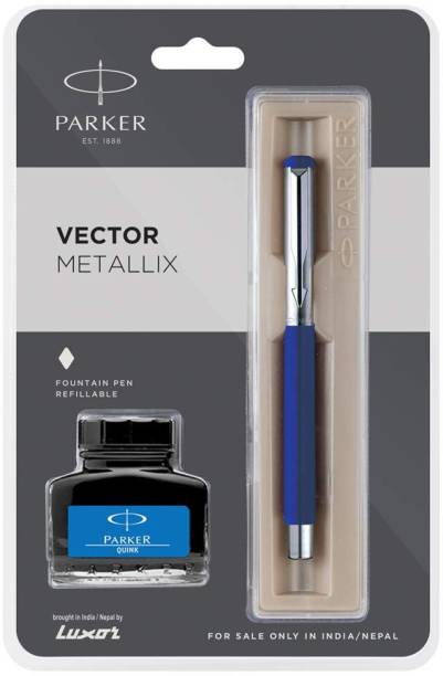 PARKER Vector Mettalix Fountain Blue Pen With Free Quink Blue Ink Ball Pen