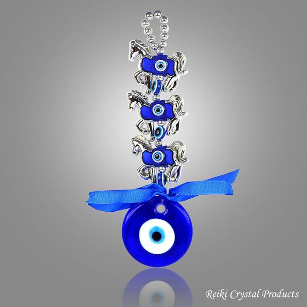 REIKI CRYSTAL PRODUCTS Feng Shui Evil Eye Hanging Three 3 Horse Evil Eye Silver Horse With Evil Eye Hanging Idol For Protection and Prosperity Decorative Showpiece - 12 cm