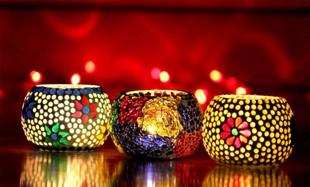 Craft Junction Handmade Mosaic Tealight Set of 3 Candle Light Colorful For Night View Glass 3 - Cup Tealight Holder Set