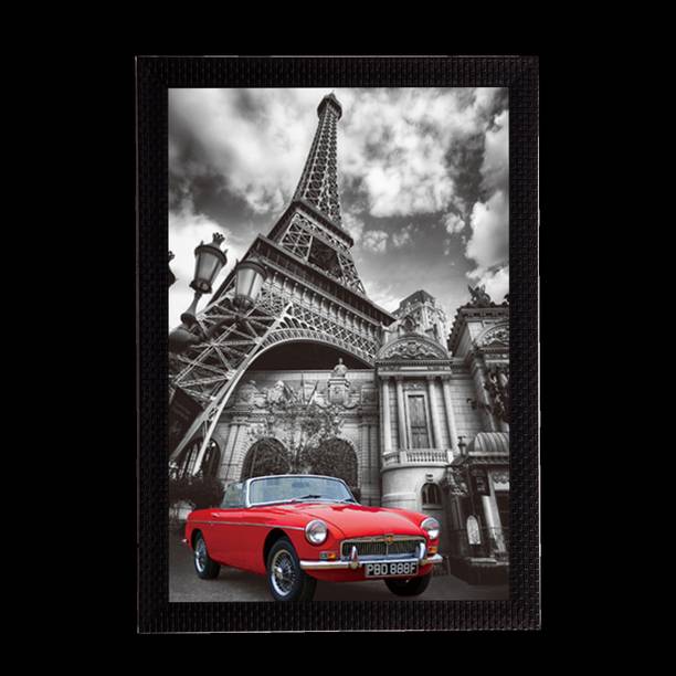 eCraftIndia Red Car Underneath Effiel Tower Satin Matt Texture UV Ink 14 inch x 10 inch Painting
