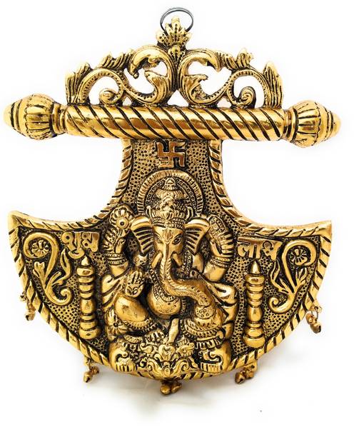 DreamKraft Metal Gold Plated Antique Shubh Labh Ganesh Wall Hanging Decorative Showpiece  -  21 cm