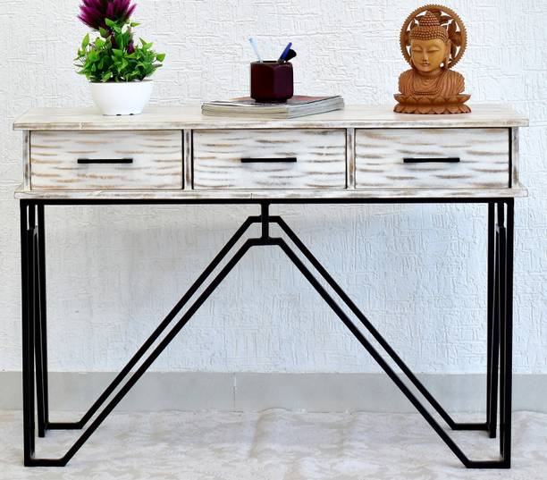 SamDecors Solid Wood 3 Drawer CASINO Console Hall Table rustic distressed white with Black Finish Iron Frame Solid Wood Console Table