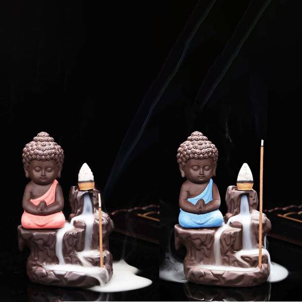 Craft Junction Handcrafted Meditating Little baby Monk Buddha Smoke Backflow Cone Incense Holder With 20 Incense Cones Decorative Showpiece  -  12 cm