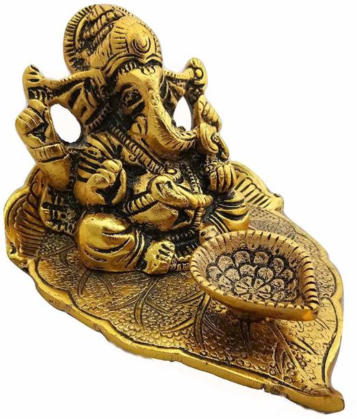 Decor and Art Metal Golden Oxidized Ganesh Ji Sitting On Leaf With Diya Decorative Showpiece  -  6 cm